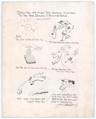 New Zealand tour of England 1937. Official menu for the British Sportsman&rsquo;s Club luncheon given to the New Zealand Cricket team in 1937. The luncheon was held at The Savoy Hotel, London on 6th May 1937. The menu with cartoon cover by Tom Webster, menu and