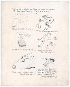 New Zealand tour of England 1937. Official menu for the British Sportsman&rsquo;s Club luncheon given to the New Zealand Cricket team in 1937. The luncheon was held at The Savoy Hotel, London on 6th May 1937. The menu with cartoon cover by Tom Webster, menu and
