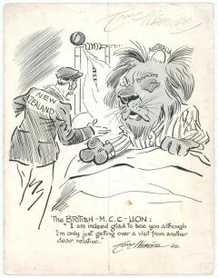 New Zealand tour to England 1949. Official menu for the British Sportsman&rsquo;s Club luncheon given to the New Zealand Cricket team held at The Savoy Hotel, London on 12th April 1949. The menu with cartoon cover illustration by Tom Webster. To inside and rear