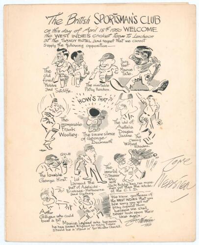 West Indies tours to England 1950 & 1957. Official menu for the British Sportsman&rsquo;s Club luncheon given to the West Indies Cricket team held at The Savoy Hotel, London on 18th April 1950. The menu with cartoon cover illustration by Tom Webster. To inside 