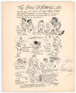West Indies tours to England 1950 & 1957. Official menu for the British Sportsman&rsquo;s Club luncheon given to the West Indies Cricket team held at The Savoy Hotel, London on 18th April 1950. The menu with cartoon cover illustration by Tom Webster. To inside 