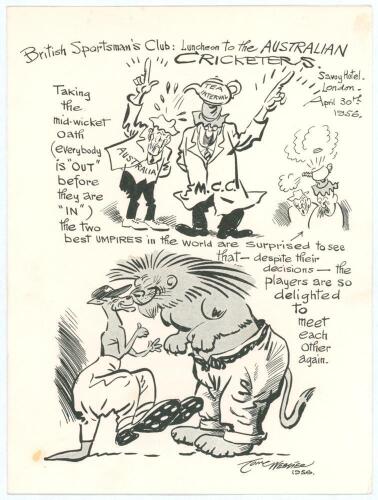 Australia tour to England 1956. Official menu and table plan for the British Sportsman&rsquo;s Club luncheon given to the Australian Cricket team held at The Savoy Hotel, London on 30th April 1956. The menu with cartoon cover by Tom Webster. To inside and rear 