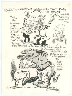 Australia tour to England 1956. Official menu and table plan for the British Sportsman&rsquo;s Club luncheon given to the Australian Cricket team held at The Savoy Hotel, London on 30th April 1956. The menu with cartoon cover by Tom Webster. To inside and rear 