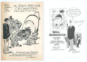 South Africa tours to England 1960 and 1994. Two official menus for the British Sportsman&rsquo;s Club luncheons given to the South African cricket teams. Both held at The Savoy Hotel, London, one on 21st April 1960, the other 22nd June 1994. The 1960 menu with