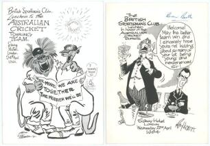 Australia tours to England 1961 and 1964. Two official menus with accompanying table plans for the British Sportsman&rsquo;s Club luncheons given to the Australian cricket teams. Both held at The Savoy Hotel, London, one on 24th April 1961, the other 22nd April