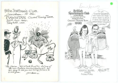 Pakistan tours to England 1962 and 1992. Two official menus for the British Sportsman&rsquo;s Club luncheons given to the Pakistan cricket teams. Both held at The Savoy Hotel, London, one on 26th April 1962, the other 1st May 1992. The 1962 menu with cartoon co