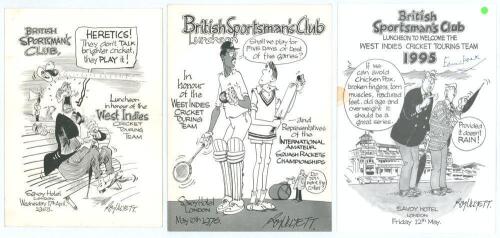West Indies tours to England 1963-1995. Three official menus for the British Sportsman&rsquo;s Club luncheons given to the West Indies cricket teams. Held at The Savoy Hotel, London on 17th April 1963, 10th May 1976, and 12th May 1995. All three menus with cart
