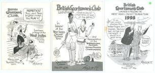 West Indies tours to England 1963-1995. Three official menus for the British Sportsman&rsquo;s Club luncheons given to the West Indies cricket teams. Held at The Savoy Hotel, London on 17th April 1963, 10th May 1976, and 12th May 1995. All three menus with cart