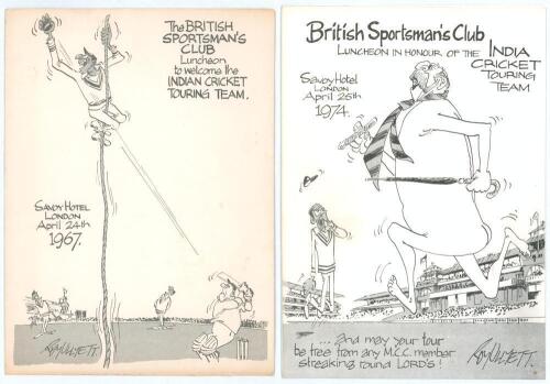 India tours to England 1967 and 1974. Two official menus and accompanying table plans for the British Sportsman&rsquo;s Club luncheons given to the India cricket teams held at The Savoy Hotel, London on 24th April 1967 and 25th April 1974. Both menus with carto