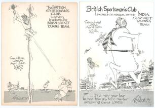 India tours to England 1967 and 1974. Two official menus and accompanying table plans for the British Sportsman&rsquo;s Club luncheons given to the India cricket teams held at The Savoy Hotel, London on 24th April 1967 and 25th April 1974. Both menus with carto