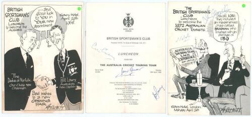 Australia tours to England 1968 and 1972. Two official menus for the British Sportsman&rsquo;s Club luncheons given to the Australia cricket teams held at The Savoy Hotel, London on 29th April 1968, with accompanying table plan, and 24th April 1972. Both menus 