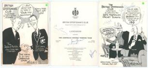 Australia tours to England 1968 and 1972. Two official menus for the British Sportsman&rsquo;s Club luncheons given to the Australia cricket teams held at The Savoy Hotel, London on 29th April 1968, with accompanying table plan, and 24th April 1972. Both menus 