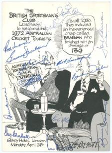 Australia tour to England 1972. Official menu for the British Sportsman&rsquo;s Club luncheon given to the Australia cricket team held at The Savoy Hotel, London on 24th April 1972. The menu with cartoon cover by Roy Ullyett, menus and toasts to inside and rear