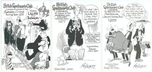 Australia tours to England 1975-1989. Three official menus for the British Sportsman&rsquo;s Club luncheons given to the Australia cricket teams held at The Savoy Hotel, London on 2nd June 1975, 26th April 1977 and 3rd May 1985. All three with accompanying tabl