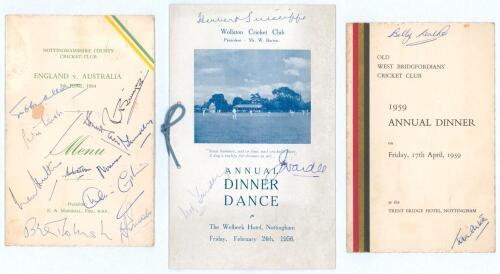 Nottingham menus 1956-1964. Three official folding menus, each signed in ink to the front. Menus are England v Australia, 1st Test, Trent Bridge, 5th June 1964, ten signatures of Gubby Allen, Peter West, Reg Simpson, Donald Carr, Len Hutton, Willie Watson