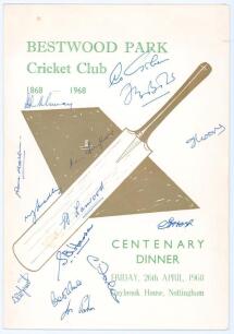 Nottinghamshire C.C.C. &lsquo;Bestwood Park Cricket Club Centenary Dinner 1868-1968&rsquo;. Official folding menu for the dinner held at Daybrook House, Nottingham 26th April 1968. Signed in ink to the front by fourteen Nottinghamshire players. Signatures are Garry S