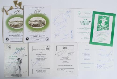 Nottinghamshire C.C.C. signed menus 1981-1989. Six signed original menus. Includes two dinners held for Richard Hadlee&rsquo;s testimonial fund, one for the Test Match Dinner at The Albany Hotel, Nottingham 9th August 1986, signed in ink to the front by Mike Br