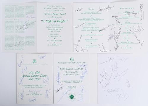 Nottinghamshire C.C.C. signed menus 1991-1993. Five multi-signed original menus. Includes the Nottingamshire C.C.C. Annual Dinner Dance 20th September 1991 (9 signatures) and Sportsmans&rsquo; Dinner 20th May 1992 (6). Nottingham Cricket Lovers Society &lsquo;A Night