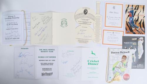 Nottinghamshire C.C.C. signed menus 1992-2006. Eight signed original menus relating to Nottinghamshire and Trent Bridge cricket. Includes Caythorpe C.C. &lsquo;Sportsmen&rsquo;s Dinner&rsquo; 2nd November 1992 (5 signatures), Cricket Memorabilia Society 10th Anniversary Lu