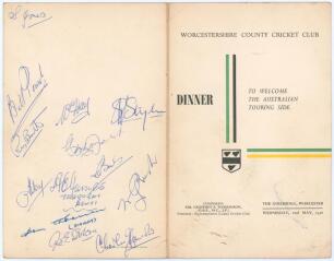 Australia tour to England 1956. Official menu for a &lsquo;Dinner to Welcome the Australian Touring Side&rsquo; given by Worcestershire C.C.C. at the Guildhall, Worcester, 2nd May 1956. The folding menu signed in ink to the inside and rear cover by eighteen attendees
