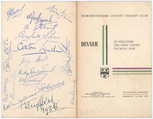 West Indies tour to England 1957. Official menu for a &lsquo;Dinner to Welcome the West Indies Touring Side&rsquo; given by Worcestershire C.C.C. at the Guildhall, Worcester, 1st May 1957. The folding menu signed in ink to the inside and rear cover by thirty five att