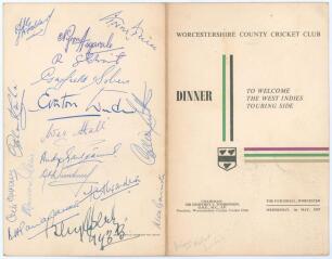 West Indies tour to England 1957. Official menu for a &lsquo;Dinner to Welcome the West Indies Touring Side&rsquo; given by Worcestershire C.C.C. at the Guildhall, Worcester, 1st May 1957. The folding menu signed in ink to the inside and rear cover by thirty five att