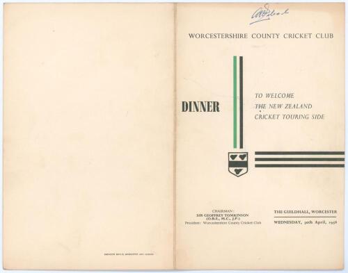 New Zealand tour to England 1958. Official menu for a &lsquo;Dinner to Welcome the New Zealand Cricket Touring Side&rsquo; given by Worcestershire C.C.C. at the Guildhall, Worcester, 30th April 1958. The folding menu signed in ink to the rear cover by nineteen attend