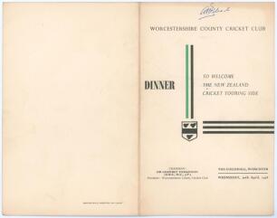 New Zealand tour to England 1958. Official menu for a &lsquo;Dinner to Welcome the New Zealand Cricket Touring Side&rsquo; given by Worcestershire C.C.C. at the Guildhall, Worcester, 30th April 1958. The folding menu signed in ink to the rear cover by nineteen attend