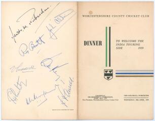 India tour to England 1959. Official menu for a &lsquo;Dinner to Welcome the India Touring Side 1959&rsquo; given by Worcestershire C.C.C. at the Guildhall, Worcester, 29th April 1959. The folding menu signed in ink to the rear cover and inside by eleven attendees. W