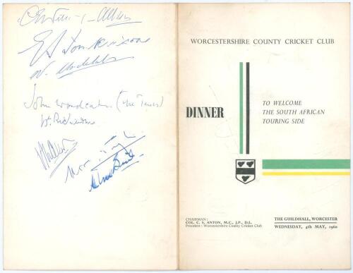 South Africa tour to England 1960. Official menu for a &lsquo;Dinner to Welcome the South African Touring Side&rsquo; given by Worcestershire C.C.C. at the Guildhall, Worcester, 4th May 1960. The folding menu signed in ink to the rear cover and inside by twenty three