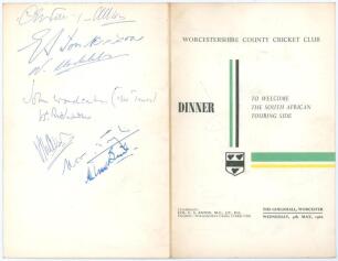 South Africa tour to England 1960. Official menu for a &lsquo;Dinner to Welcome the South African Touring Side&rsquo; given by Worcestershire C.C.C. at the Guildhall, Worcester, 4th May 1960. The folding menu signed in ink to the rear cover and inside by twenty three