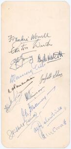 West Indies v England 1953/54. Garry Sobers&rsquo; Test debut. Original blank menu card for the South Camp Road Hotel, Kingston, Jamaica, very nicely signed in ink to the verso by the thirteen members of the West Indies team for the 5th Test played at Sabina Pa