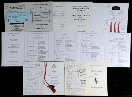 Signed cricket menus 1971-2014. Blue binder comprising nine official signed menus. &lsquo;Cricket Society Tour of Australia Dinner&rsquo;, Melbourne 1971, twenty one signatures to rear page, cricketers include Ben Brocklehurst, Ray Robinson, Jim Swanton, Rad Grace (A