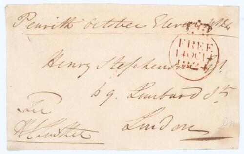 Henry Cecil Lowther. M.C.C., Surrey, Hampshire & England 1819-1843. Original signed free-front envelope to a Henry Stephenson, dated and sent from Penrith &lsquo;October Eleven 1824&rsquo;. Nicely signed by Lowther in black ink. A rare early signature of Lowther whos
