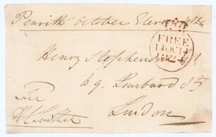 Henry Cecil Lowther. M.C.C., Surrey, Hampshire & England 1819-1843. Original signed free-front envelope to a Henry Stephenson, dated and sent from Penrith &lsquo;October Eleven 1824&rsquo;. Nicely signed by Lowther in black ink. A rare early signature of Lowther whos