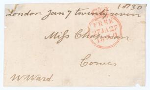William Ward. Surrey, Hampshire & M.C.C. 1810-1845. Signed free-front envelope to &lsquo;Mifs Chapman of Cowes&rsquo; stamped with date 27th January 1830. Signed &lsquo;W. Ward&rsquo; in black ink to the lower left corner. A rare early signature of Ward, a right handed batsman a