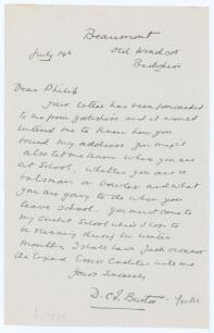 David Cecil Fowler Burton. Yorkshire & Cambridge University 1907-1921. Single page letter from Burton handwritten in ink to a school boy. Dated &lsquo;July 14th&rsquo; (year unknown but probably early 1950s), Burton asks whether the boy is a batsman or bowler, and su