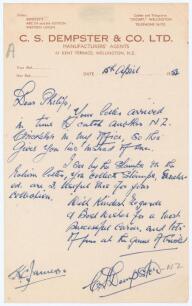 Charles Stewart &lsquo;Stewie&rsquo; Dempster. Wellington, Leicestershire, Warwickshire & New Zealand 1921-1948. Single page handwritten letter from Dempster on his business letterhead in Wellington, to a schoolboy in England, dated 15th April 1952. Dempster is reply