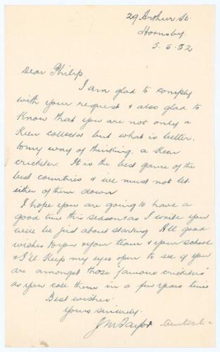 John Morris &lsquo;Johnny&rsquo; Taylor. New South Wales & Australia 1913-1927. Single page handwritten letter from Taylor in Australia, to a schoolboy in England, dated 5th May 1952. Taylor is replying to a request for his autograph, and wishes the correspondent wel