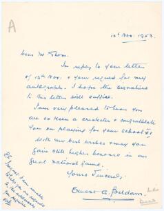 Ernest Asplan Beldam. Middlesex 1903-1907. Single page handwritten letter from Beldam from his home in Surrey, to a schoolboy &lsquo;Mr Thom[?]&rsquo;, dated 12th November 1953. Beldam is replying to a request for his autograph, and wishes the correspondent well with