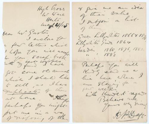 Richard Parr Daft. Nottinghamshire 1886 (1 match). Two page handwritten letter in ink from Daft to the collector and dealer, A.J. Gaston. Dated 4th March 1905, Daft is offering &lsquo;a few letters... for your scrapbook&rsquo; and wishes to sell some &lsquo;old annuals&rsquo; of