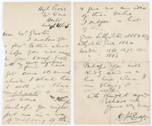 Richard Parr Daft. Nottinghamshire 1886 (1 match). Two page handwritten letter in ink from Daft to the collector and dealer, A.J. Gaston. Dated 4th March 1905, Daft is offering &lsquo;a few letters... for your scrapbook&rsquo; and wishes to sell some &lsquo;old annuals&rsquo; of