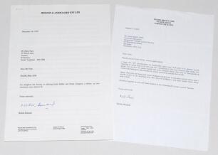 Richard &lsquo;Richie&rsquo; Benaud. New South Wales & Australia 1948-1964. Two page typed tribute to Keith Miller and Denis Compton, written by Benaud with covering typed letter dated 18th December 1995 from Benaud to Mick Pope of the Wombwell Cricket Lovers&rsquo; Societ