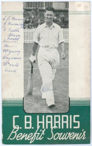 Charles Bowmar Harris. Nottinghamshire 1928-1951. Official 1949 &lsquo;Benefit Souvenir&rsquo; folding card for Harris. Signed to the front in ink by Harris, and to the internal autograph page by a further nine Nottinghamshire players. Signatures are Sime, Butler, Ha