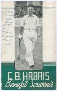 Charles Bowmar Harris. Nottinghamshire 1928-1951. Official 1949 &lsquo;Benefit Souvenir&rsquo; folding card for Harris. Signed to the front in ink by Harris, and to the internal autograph page by a further nine Nottinghamshire players. Signatures are Sime, Butler, Ha