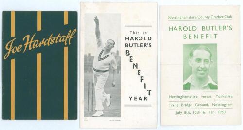 Nottinghamshire C.C.C. Benefits 1948 & 1950. Three official Benefit booklets/ folding cards, one signed. One booklet for the 1948 benefit to Joe Hardstaff Jnr. (Nottinghamshire, Europeans, Auckland & England 1930-1955). Very good condition. Also two foldi