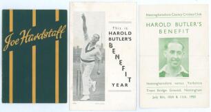 Nottinghamshire C.C.C. Benefits 1948 & 1950. Three official Benefit booklets/ folding cards, one signed. One booklet for the 1948 benefit to Joe Hardstaff Jnr. (Nottinghamshire, Europeans, Auckland & England 1930-1955). Very good condition. Also two foldi