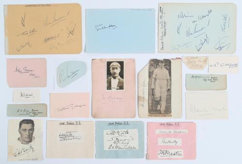 Cricket autographs. Selection of signed album pages, paper pieces, scraps etc. Gubby Allen, Norman Oldfield, Maurice Tate, Wilfred Rhodes, Herbert Sutcliffe, John Gunn and Reggie Spooner and Johnny Douglas all dated 1920, Andrew Sandham, C.B. Fry, Arthur 