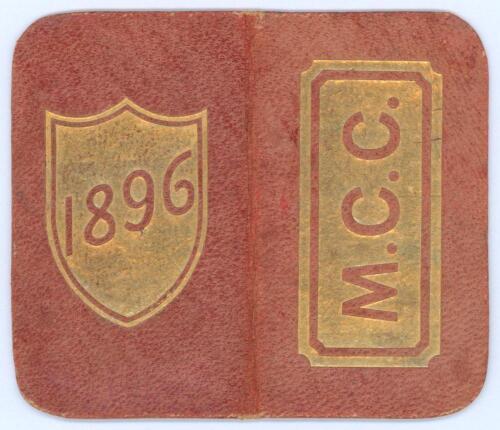 Marylebone Cricket Club membership and fixture card 1896. The folding leather (?) card with letters &lsquo;M.C.C.&rsquo; to one side and to the other in gilt shield the year &lsquo;1896&rsquo;. The card belonged to cricketer and noted cricket writer and historian Arthur Haygarth