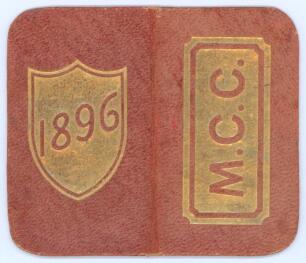Marylebone Cricket Club membership and fixture card 1896. The folding leather (?) card with letters &lsquo;M.C.C.&rsquo; to one side and to the other in gilt shield the year &lsquo;1896&rsquo;. The card belonged to cricketer and noted cricket writer and historian Arthur Haygarth